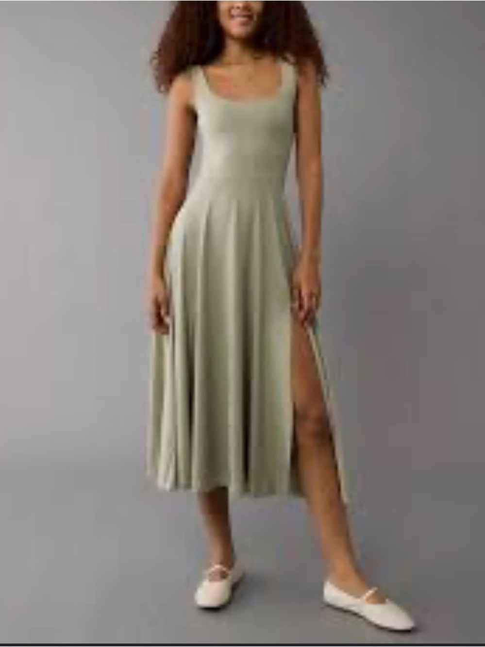 American Eagle Sleeveless Midi Dress with Side Slit - Olive Green